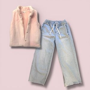 RSQ Wide Leg Jeans + Pink Faux Fur Vest | Tween Outfit Bundle Girls Size 10